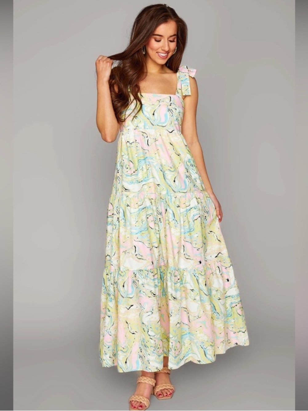 Buddy Love Pastel Marble Print Tie-Shoulder Maxi Dress